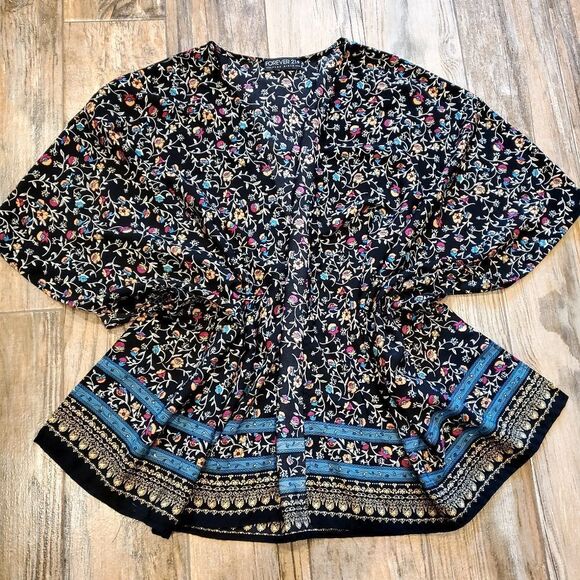 🔺️Forever 21 Black Floral Open Front Dolman Kimono Wrap Plus Sized - Picture 2 of 11